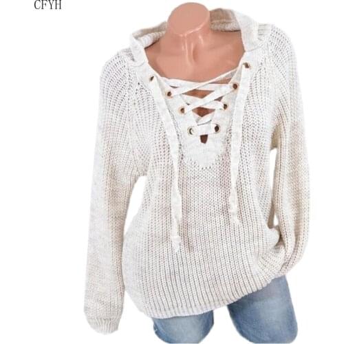 Women Winter Baggy Lace Up Coat Chunky Knitted Oversized Hooded Sweater Jumper Female Cloak Harajuku