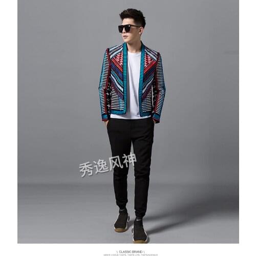 100%real men stripe colorful full embroidery fashion event/stage performance short tuxedo jacket/stage performance/ASIA SIZE