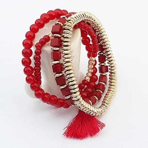 New 4 Pcs Boho Ethnic Style Multilayer Beaded Tassel Elastic Charm Bangles Bracelets