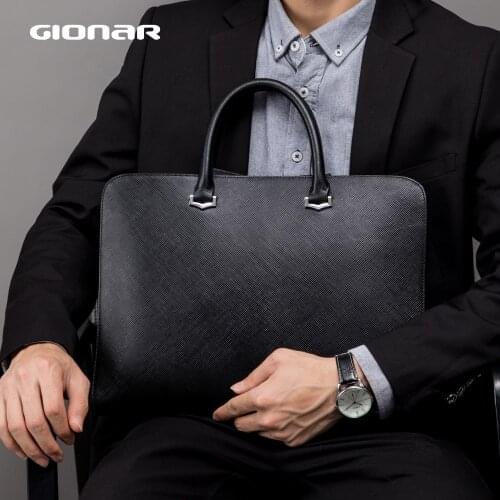 GIONAR Genuine Leather Handbag Men Top-handle Briefcase Document Work Bag 14 Inch Laptop Computer Hand Bag Business Trip Bag