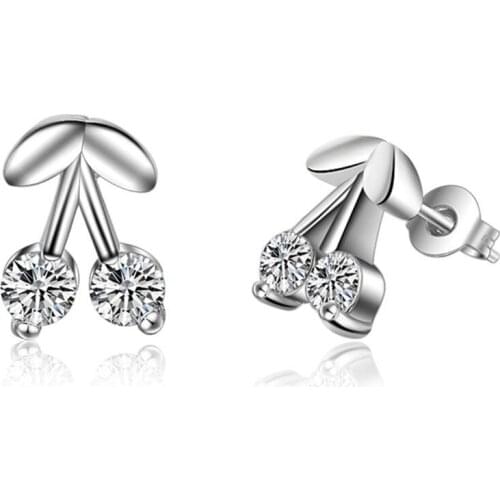 Hot Sale 2017 New Fashion Cherry Design Shiny Zircon 925 Sterling Silver Stud Earrings for Women Jewelry Gift Drop Shipping