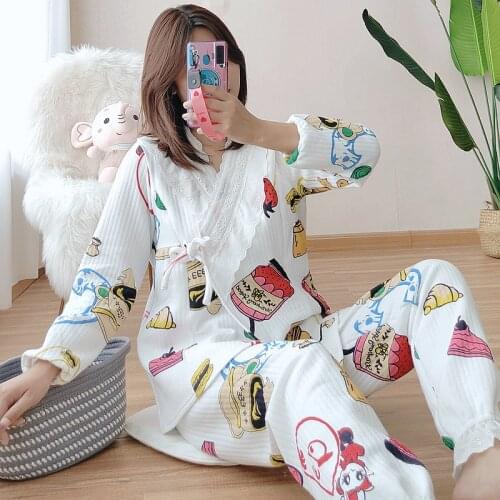 Kimono Autumn and Winter Ladies Pure Cotton Sweet Pregnant Women Plus Size Cross Nursing Home Service Maternity Pajamas