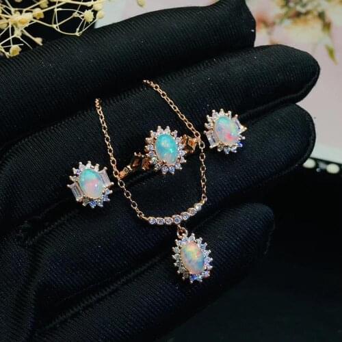 Natural Multicolor opal ring Pendant Earrings Natural Gemstone Jewelry Set S925 Silver fashion Diana Smiling Women party jewelry