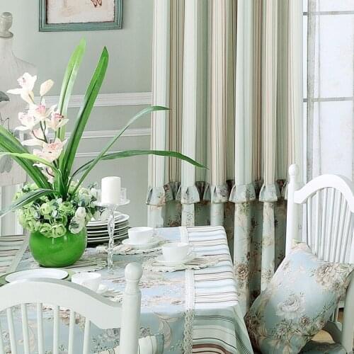 Korean Pastoral Stripe Splicing White Silk Semi-shading Curtains for Living Dining Room Bedroom