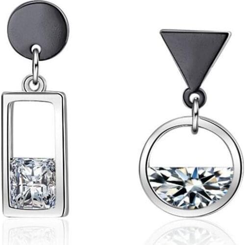 925 Sterling Silver Fashion Trendy Spring Water Earrings For Women Circle Square Zircon Asymmetric Earrings S-E518