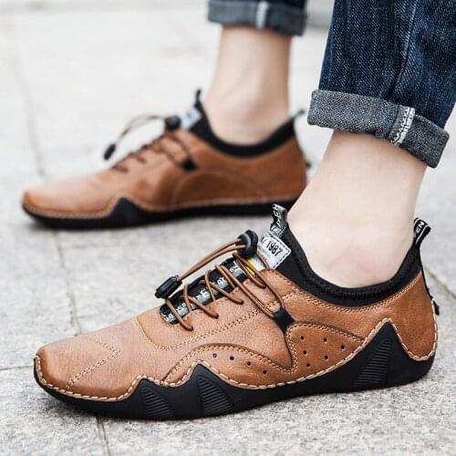 2021 New Mens Leather Loafers Luxury Brand Business Lace-Up Loafers Moccasins Fashion Casual Soft Non-Slip Driving Shoes Hot