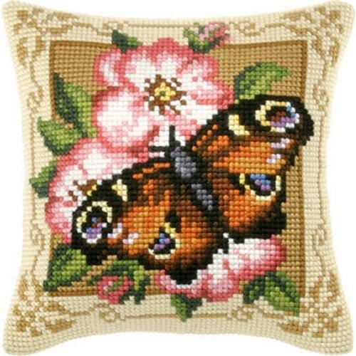 Cross Stitch Cushion Cover Brown Butterfly Needlepoint Kits Printed Canvas Chunky Yarn Cross-stitch Pillow Case Arts & Crafts