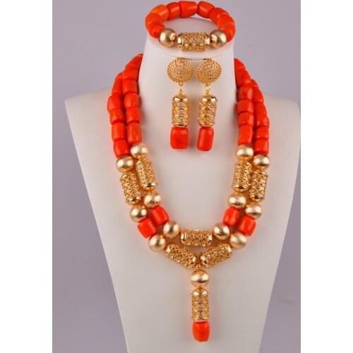 Nigerian Bride Wedding Jewelry Orange Natural Coral Bead Necklace Set Africa Wedding Banquet Costume Jewelry Set AU-56