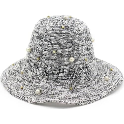 New Korean Cotton Ladies Bucket Hats Beaded Foldable Sun Hat Fashion Outdoor Pearl Fisherman Cap Beach Hat for Women GH-508