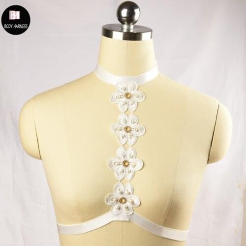 Pastel Goth white Rose Body Harness Kawaii sexy Lingerie wedding cage bra bondage fantasias erotic lace body harness cage bra