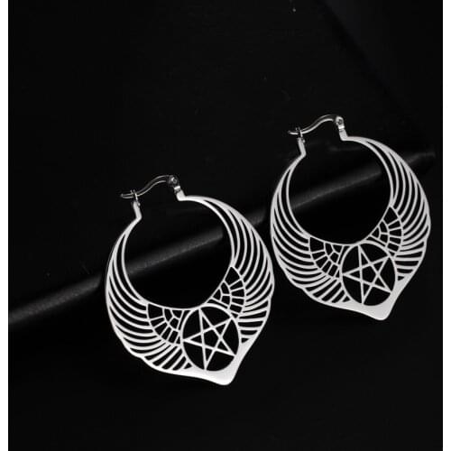 Teamer Pentagram Earrings Archangel Wings Stainless Steel Hoop Earrings for Women Girls Vintage Wicca Jewelry Accessories Gifts