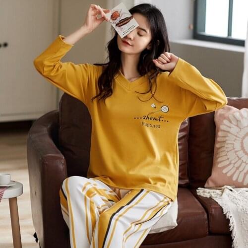 Long Sleeves Long Pants Pijamas Autumn Spring Cotton Sleepwear Soft Nighty V-Neck Womens Pajama Set Cartoon Printed Pyjama