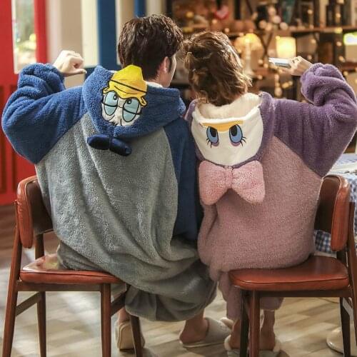 SOUGEN Pajamas for Men Bow Hooded Sleepwear Blue Coral Fleece Men Home Clothes Winter Lounge Cartoon Duck Pijama Men Thick Robe