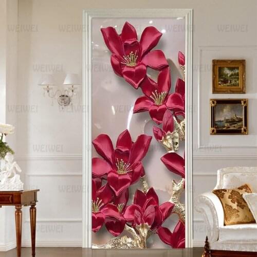 PVC Self-Adhesive Door Sticker 3D Stereo Red Flowers Wallpaper Living Room Kitchen Classic Waterproof Door Decals Vinyl 3D Mural