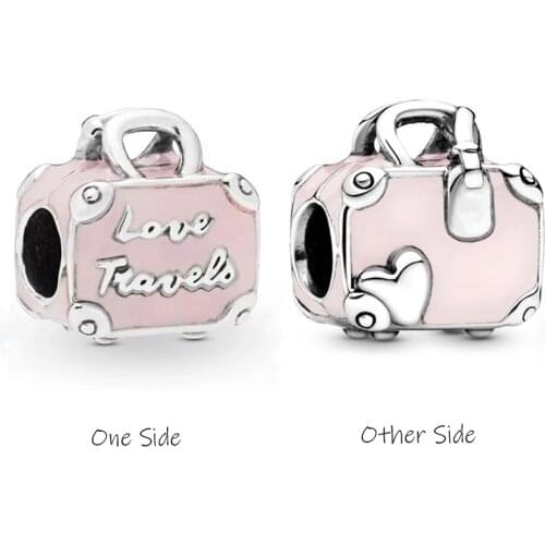 Pink Enamel Suitcase Charms Fit Pandora Bracelet Heart Love Travel Bag Trunk Beads for Jewelry Making Women Pulseras Accessories