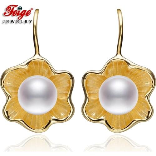 Golden Flowers 925 Sterling Silver White Natural Freshwater Pearl Drop Earrings Womens Exquisite Party Jewelry Gifts FEIGE