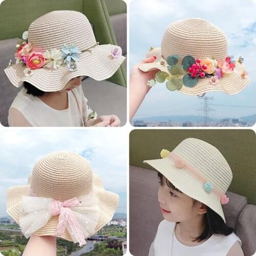 Children Cute Sweet Sun Flat Straw Hat Boater Hat Girls Lovely Outdoor Bow Summer Hats for Kid and Beach Shading Flat Straw Hat