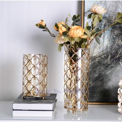 Glass Vase Hollow Out Metal Rack Golden Geometry Flower Arrangement Hydroponics Transparent Modern Home Decoration Accessories