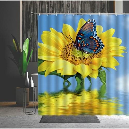 Flowers Butterfly Shower Curtain Full Of Vitality Sun Flower Yellow Sunflower Gardens Bathroom Decoration Hanging Curtain