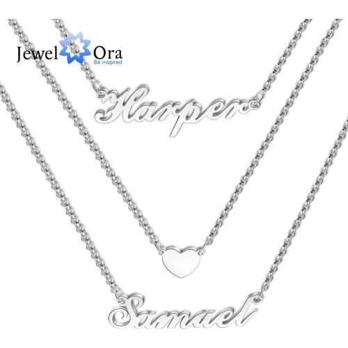 JewelOra 925 Sterling Silver 3 Layered Custom Name Necklace Personalized Nameplate with Heart Wedding Engagement Fine Jewelry