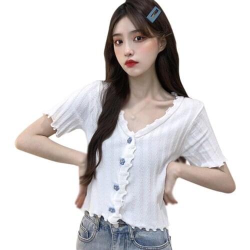 Women V-Neck Knitted Short Sleeve Tops Cardigans Slim Korean Style Short Sleeve Tee Female Lady Summer Sweet Knitted Shirt Tops