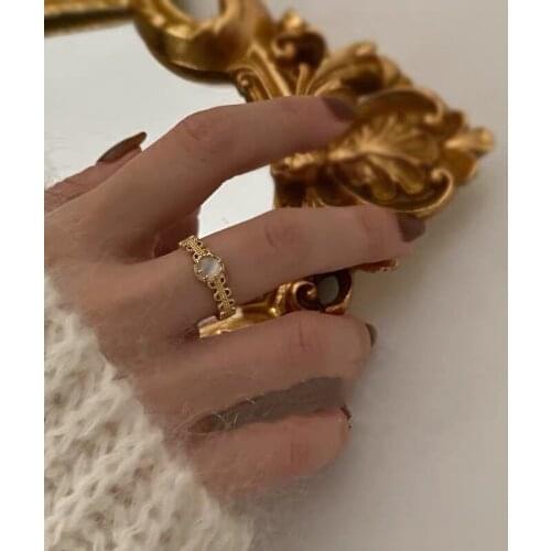 TIMEONLY French Opal Open Ring Wide Golden Hollow Metal Charms Rings Fro Women Ladies Accessories Wedding Gifts Korean Fashion