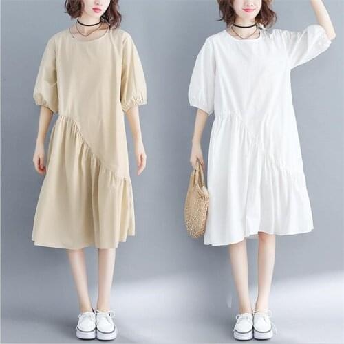 Women Vintage Casual Loose Dress Cotton and Linen Half Lantern Sleeve Solid Irregular Ruffles Dress Large Size Shirt Dress