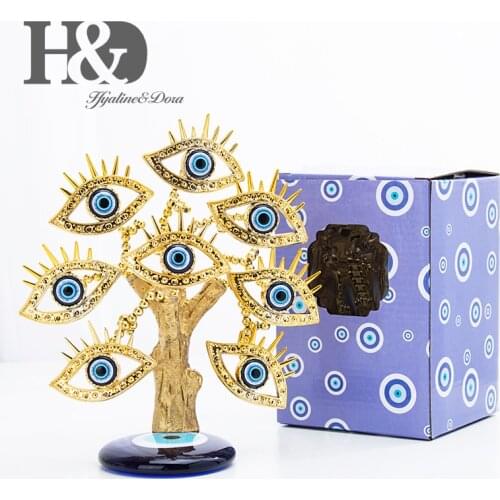 H&D Blue Evil Eye Tree Gold Figurine Money Fortune Tree Lucky Ornament Decoration for Protection Good Luck Gift Fengshui Liuli