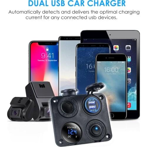 12V Dual USB Cigarette Lighter With Voltmeter 4 USB Ports Car Phone Charger Adapter Panel Mount Socket For Car Truck Boat ATV