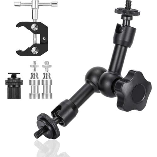 7 inch Articulating Friction Arm with Large Super Crab Clamp and Hot Shoe Mount 1/4" Magic DSLR Tripod Arms Kit for Photography