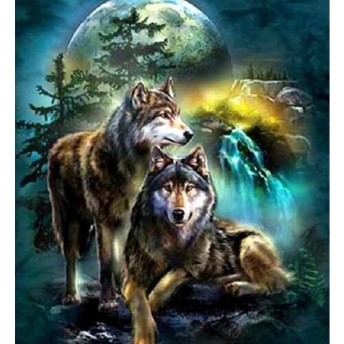 Wolven met volle maan diamond painting