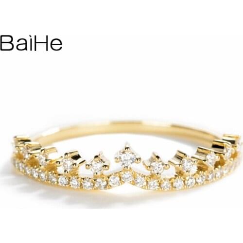 BAIHE Solid 14K Yellow Gold About 0.23ct H/SI Round Natural Diamonds Jewelry Wedding Band Trendy Fine Jewelry Gift Crown Ring