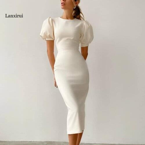 White chic party pencil dress short puff Sleeve solid midi Dress Spring nightclub bodycon dress elegant women