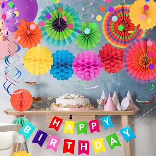 Birthday Hanging Paper Fans Swirl Pompoms Flowers Banner Honeycomb Balls Decor for Kids Adults Birthday Party Supplies