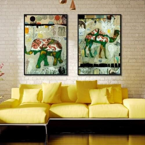 Canvas Painting Nordic Style Home Decorations Abstract Animals Elephant And Camel Wall Art Nostalgic Posters For Living Room