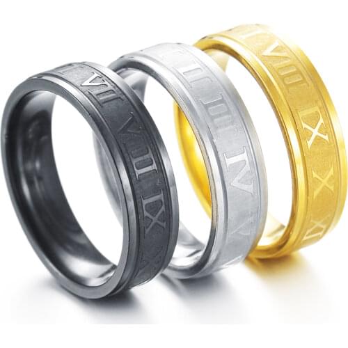 6 mm Width 316L Stainless Steel Wedding Band Ring Roman Numerals Gold Black Cool Punk Rings for Men Women Fashion Jewelry Gift