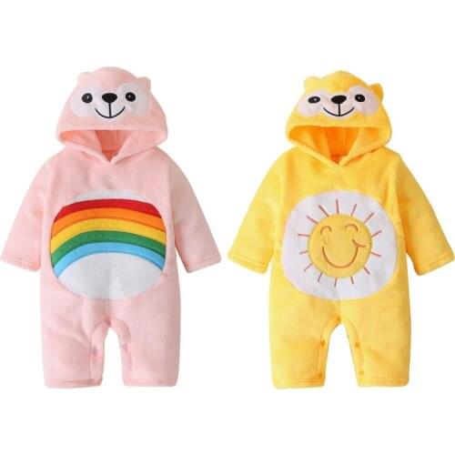 2021 Autumn Winter New Baby Boys Girls Hooded Rompers Cotton Cute Cartoon 3D Bear Sun Rainbow Long Sleeve Warm Jumpsuit 0-18M