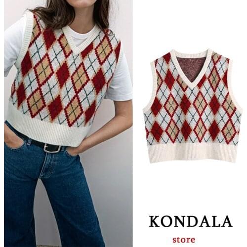 KONDALA Za Fashion 2021 Vintage Women Sweater Vest Argyle Print Sleeveless Sweaters V Neck Loose Chic Mujer Tops