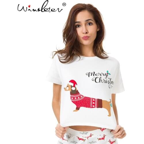 New Sleep Top Christmas Dachshund With Santa Hat Dog Print Loose T shirt Women Crop Top Short Top Cotton Pajamas pyjamas T7N001