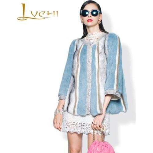 LVCHI 2019 New Winter Fashion High-grade luxury coat snake sleeve mink coat O-Neck Stylish Contrast Color Stripe women' coat