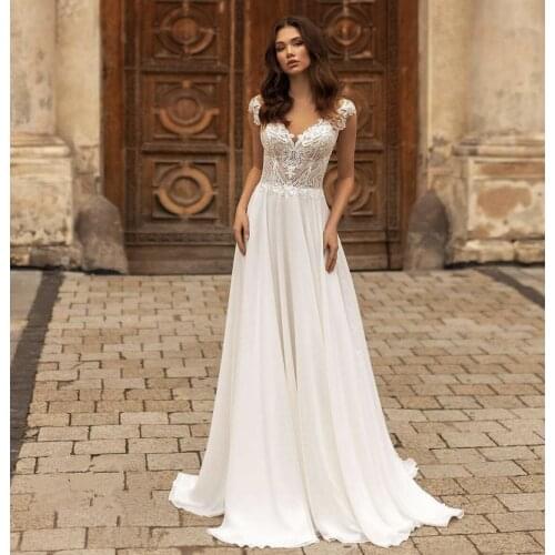 Wedding Dress A-Line V-Neck Cap Sleeve Backless Lace Appliques Sequined Floor Length Sweep Train Bride Gown Custom Made New