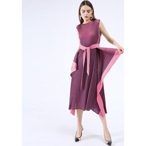 Miyake pleated striped printed dress summer clothes for women new temperament light mature long loose plus size big swing dress