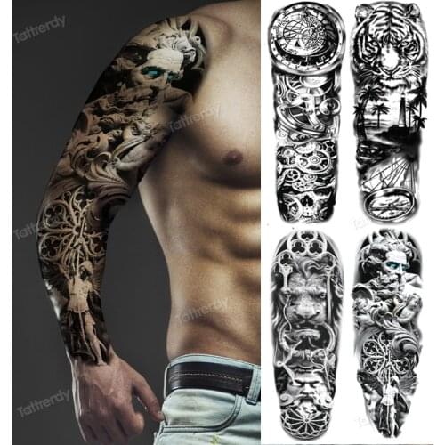 Fake tattoo sleeves full arm temporary tattoos for men sticker tattoo large big size waterproof skull tiger lion eye machine