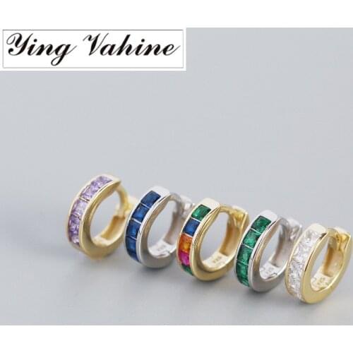 Ying Vahine 100% 925 Sterling Silver Multicolor Purple Blue Green White Small Square Zircons Round Hoop Earrings for Women