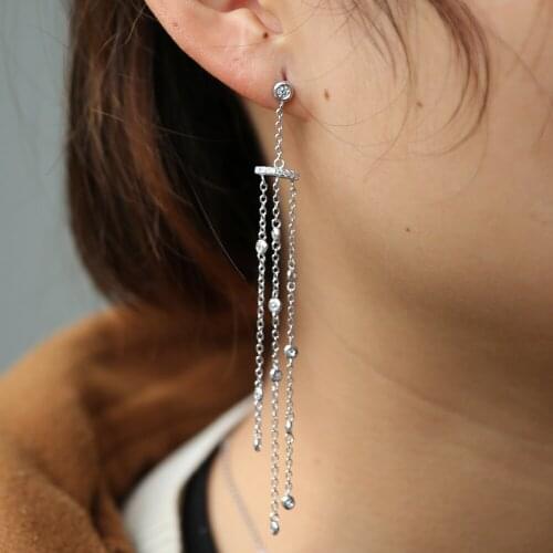 Luxury design tassel chain bezel cz link chain women ear jewelry 100% 925 sterling silver wedding gift sparking dangle earring
