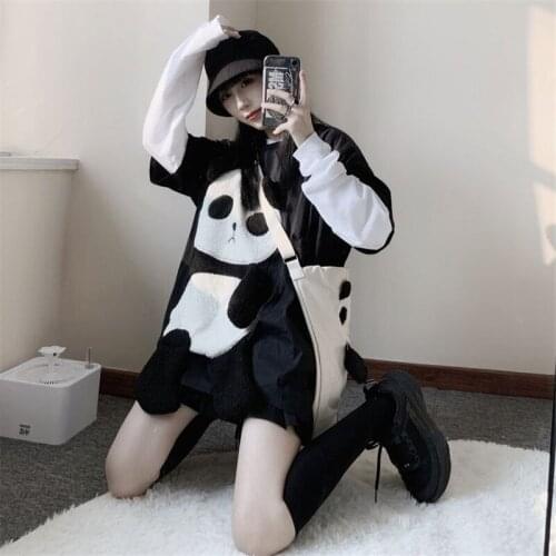 Cute Women PandaOversized t shirt long sleeve tshirt streetwear hip hop punk patchwork tops kawaii chinese high street tshirt