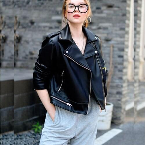 Black Soft Faux Pu Leather Short Jacket 2021 New Spring Autumn Women Lapel Pu Bike Coat Black Zipper Motorcycle Outwwear