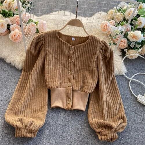 2021 New Autumn Vintage Women Corduroy Blouse All-match Girl O-neck Shirt Lady Short Blousas Pullovers Bottomings Outwear WZ1482
