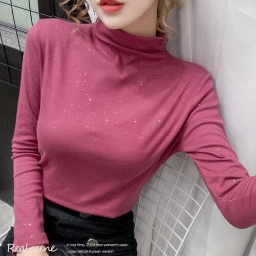 Woman Tshirts European Station Autumn and Winter Turtleneck Womens Long-Sleeved T-shirt Shiny Top Tops Mujer Camisetas