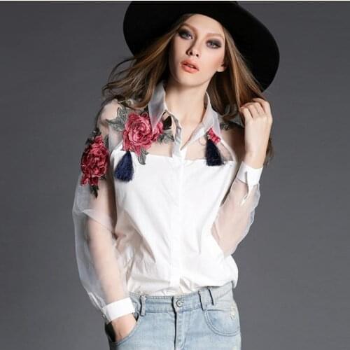 Womens Spring Summer Style Mesh Blouses Shirts Womens Embroidery Turn-down Collar Button Long Sleeve Loose Tops SP585